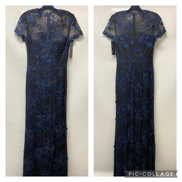 David Meister embroidered 3-D lace short sleeves long gown - Picture 5 of 13